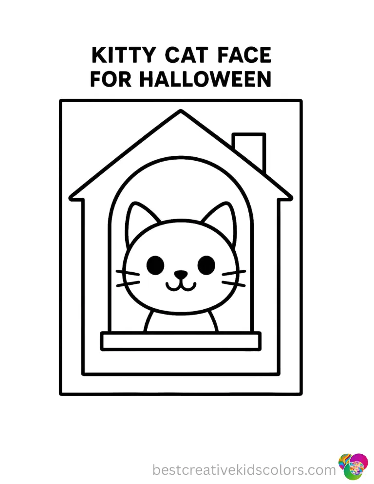 A cute kitty cat face safely glows inside a dark house window in Kitty cat face for halloween.