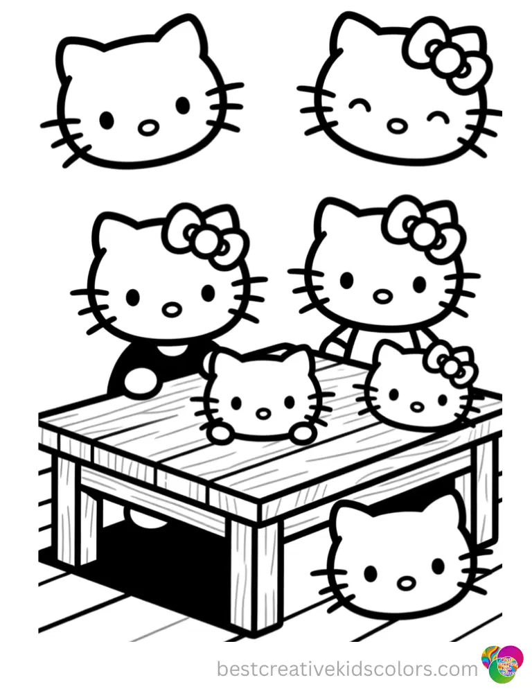Several kitty faces rest flat on a wide wooden table neatly inside Kitty faces for halloween.