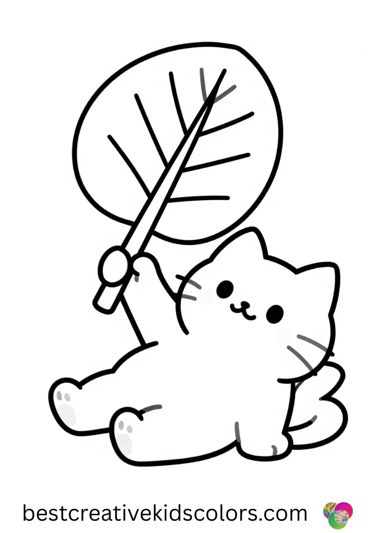 A lounging cat fans itself with a large leaf in Kitty hill resort for cats photos at sunset.