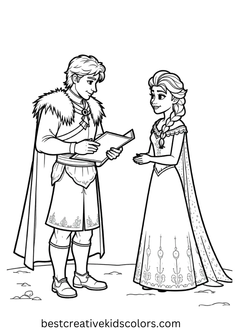 Kristoff looks at a simple map while Elsa stands ready for adventure.