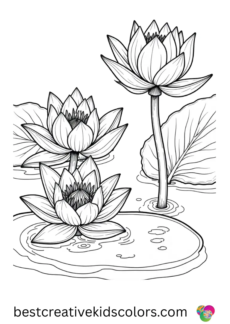 Labubu Coloring pages features Stitch painting water lilies in a pond with gentle smiles.