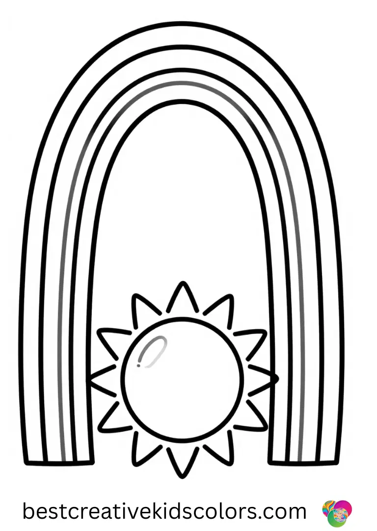 Large rainbow with sun coloring page easy lets beginners color broad stripes while the sun anchors the scene