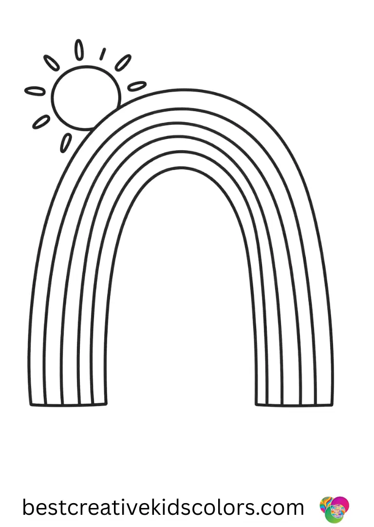 Kids follow wide arches as the sun lifts higher behind them in Large rainbow with sun coloring page pdf free download