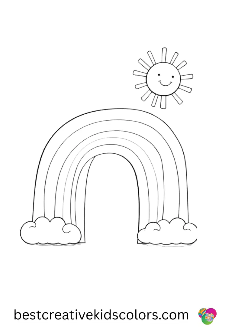 Large rainbow with sun coloring page pdf