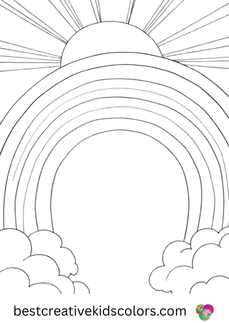 Large rainbow with sun coloring page printable shows the sun stretching long rays while clouds slide apart below