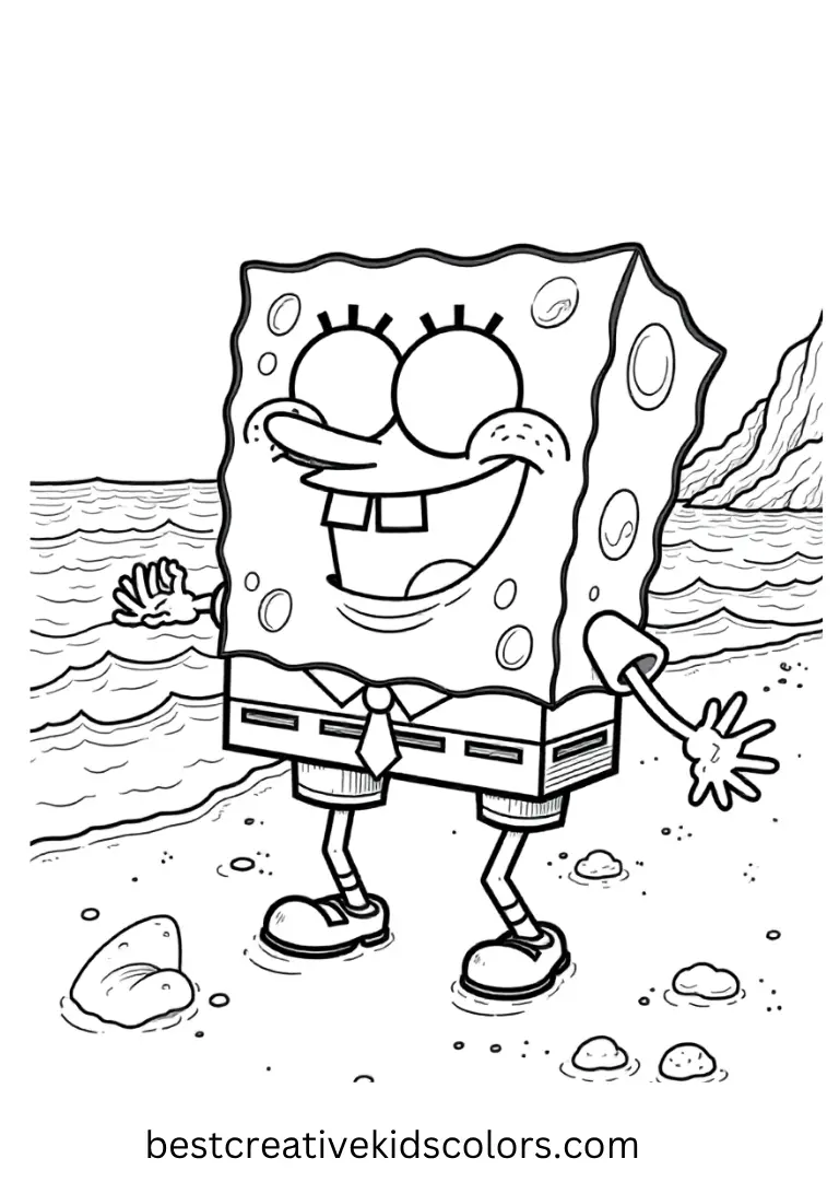 SpongeBob laughs on warm sand near the ocean waves, perfect for young artists.