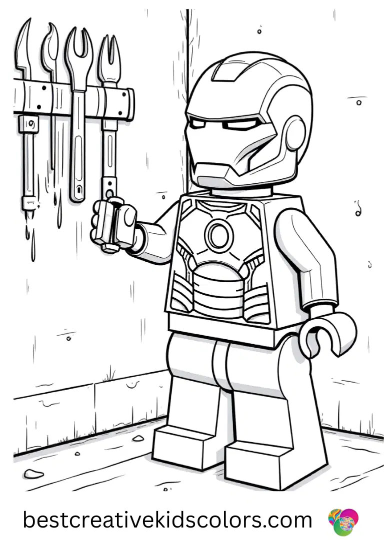 Lego Iron Man Coloring Page features the hero organizing tools along a workshop wall.