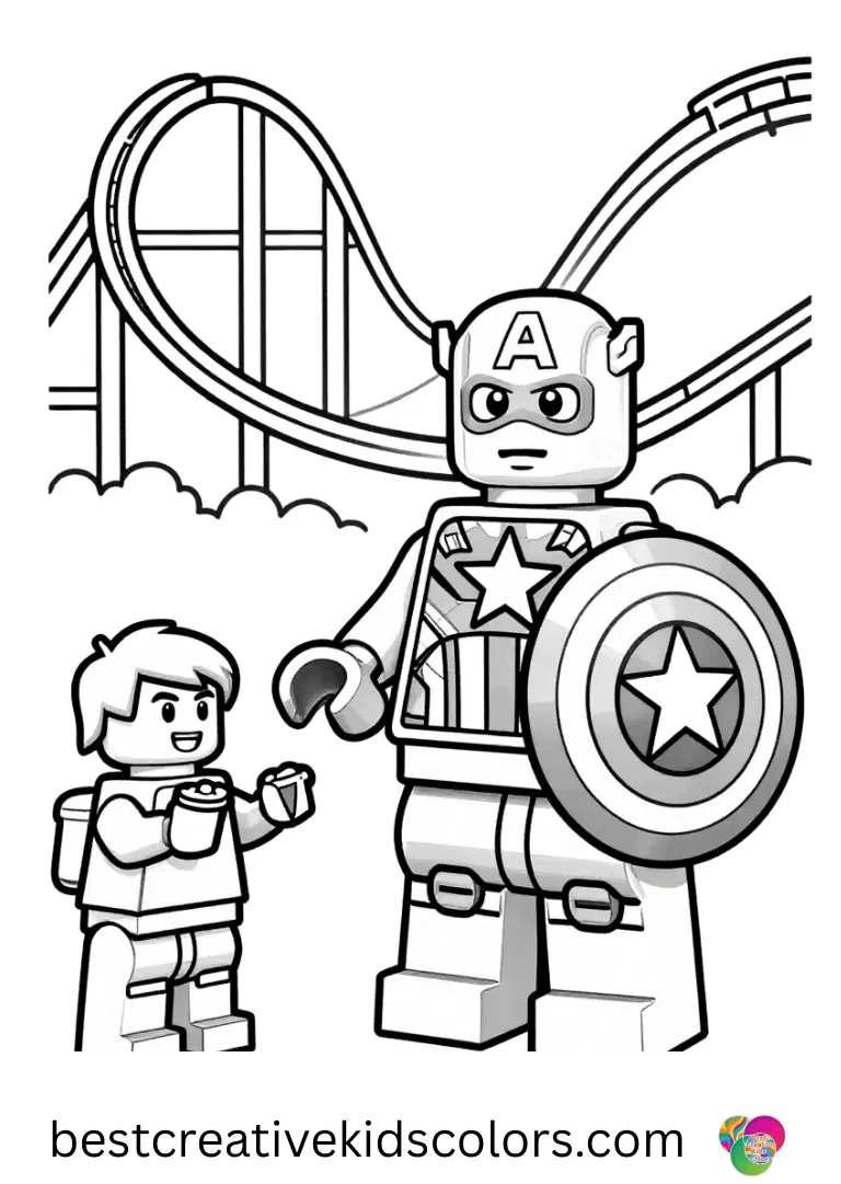 In a theme park, Lego captain america coloring page disney shows sharing snacks with friends.