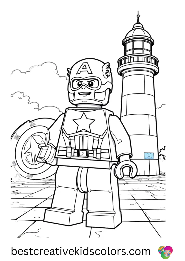 Lego captain america coloring page pdf free download shows building a lighthouse beside blue tiles.