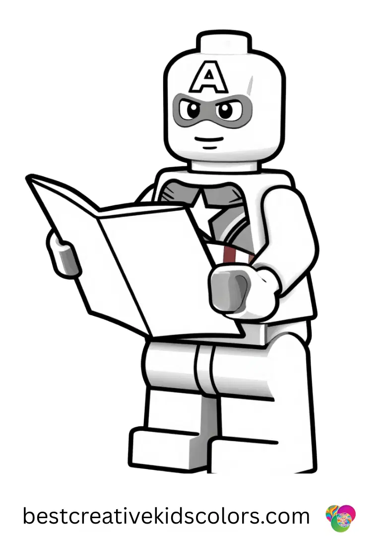 Lego captain america coloring page pdf free depicts the minifigure folding a paper map.