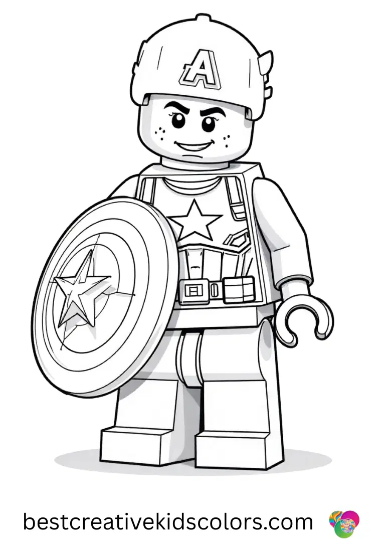 Lego captain america coloring page pdf shows a minifigure assembling a brick compass rose.