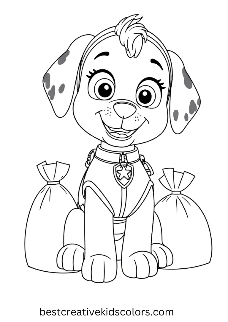 Free Paw Patrol Coloring Sheet shows cleaning up the park with recycling bags. This free paw patrol coloring sheet is fun to color and enjoy as a free paw patrol coloring sheet!