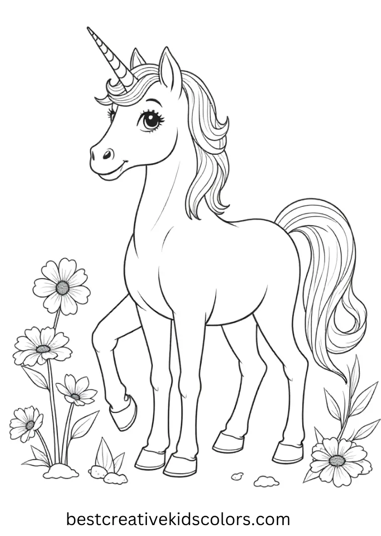 A unicorn pauses among wildflowers — a Realistic Unicorn Coloring Page with clean, detailed lines for easy coloring.