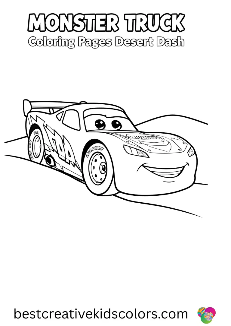 Lightning McQueen glides across soft dunes. Large shapes make coloring fun for beginners.