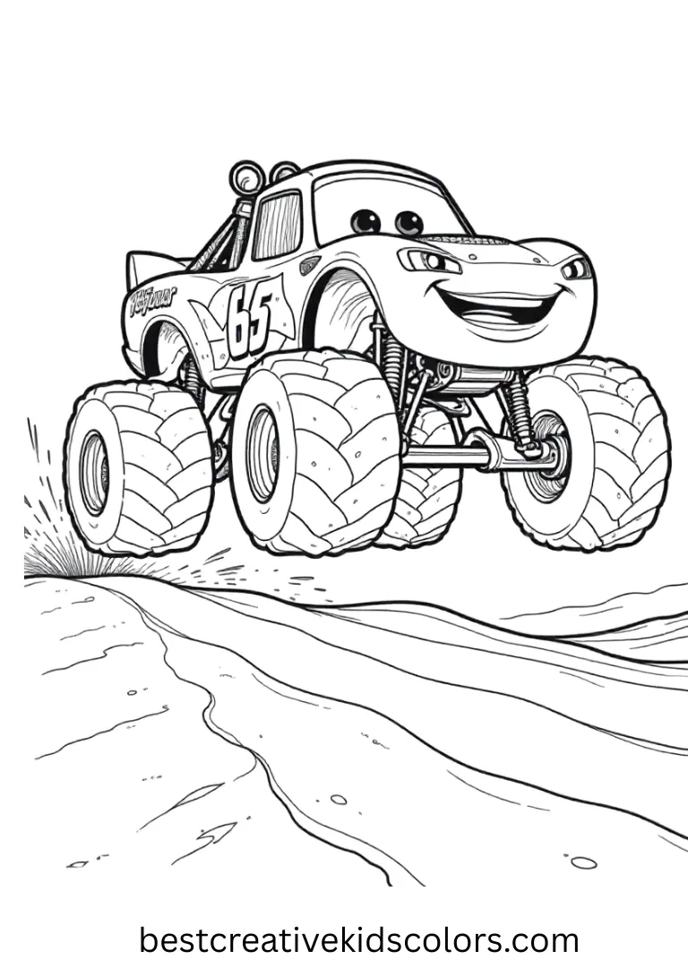 Lightning McQueen races across desert dunes. Wide, open spaces provide a fun coloring challenge.