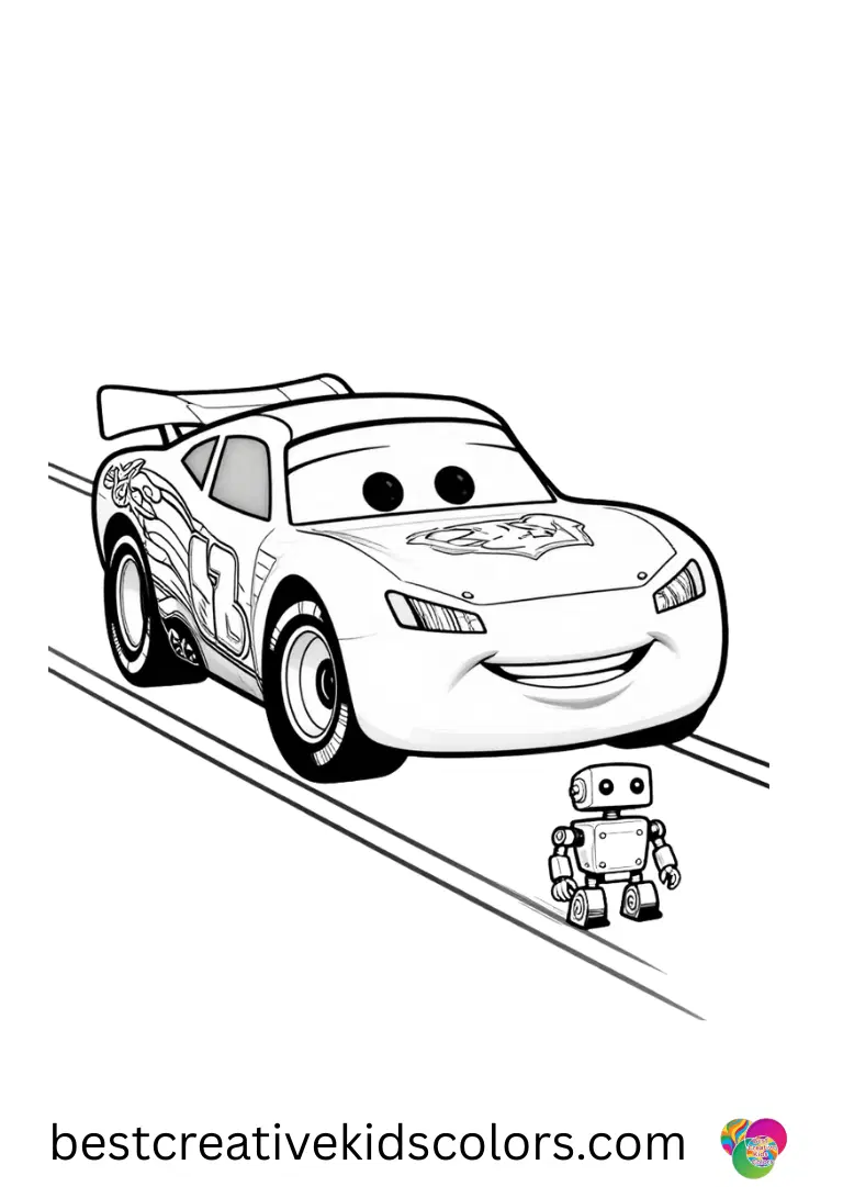 Lightning McQueen Printable PDF free download Lightning McQueen Printable PDF free download shows him towing a small broken-down robot on a track.