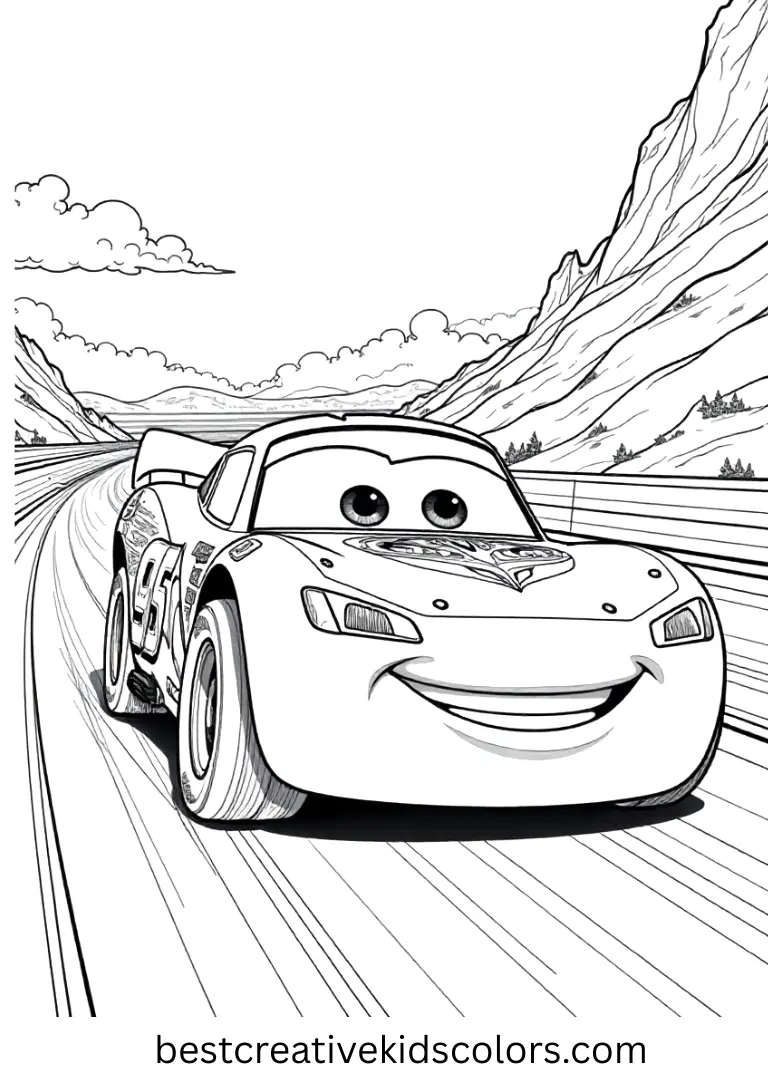 Lightning McQueen Speed Race Disney Coloring Page Zoom across the track with Lightning McQueen on thrilling Disney Coloring Pages.