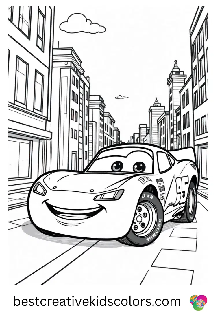 Lightning McQueen coloring pages printable PDF Lightning McQueen coloring pages printable PDF shows him painting a colorful mural on a city wall.