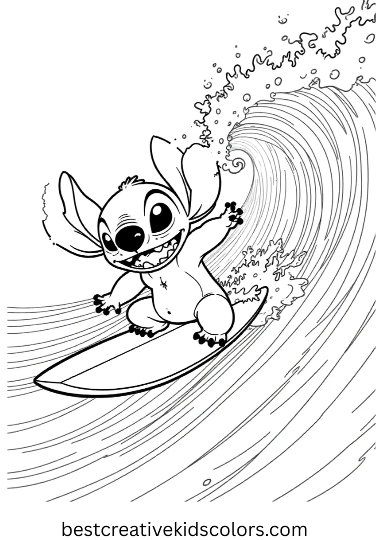 Lilo and Stitch Coloring Pages features them surfing on sparkling ocean waves.