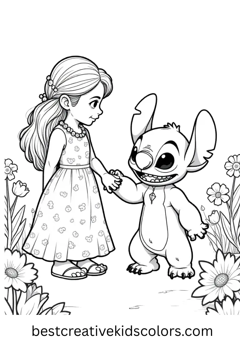 Lilo and Stitch Colouring pages shows them picking tropical flowers together.