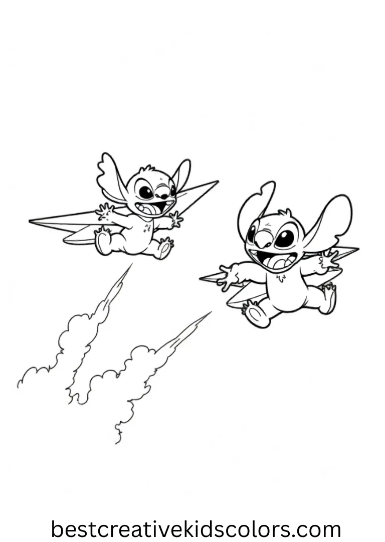 Lilo and Stitch Colouring set shows them flying paper planes on a sunny day.