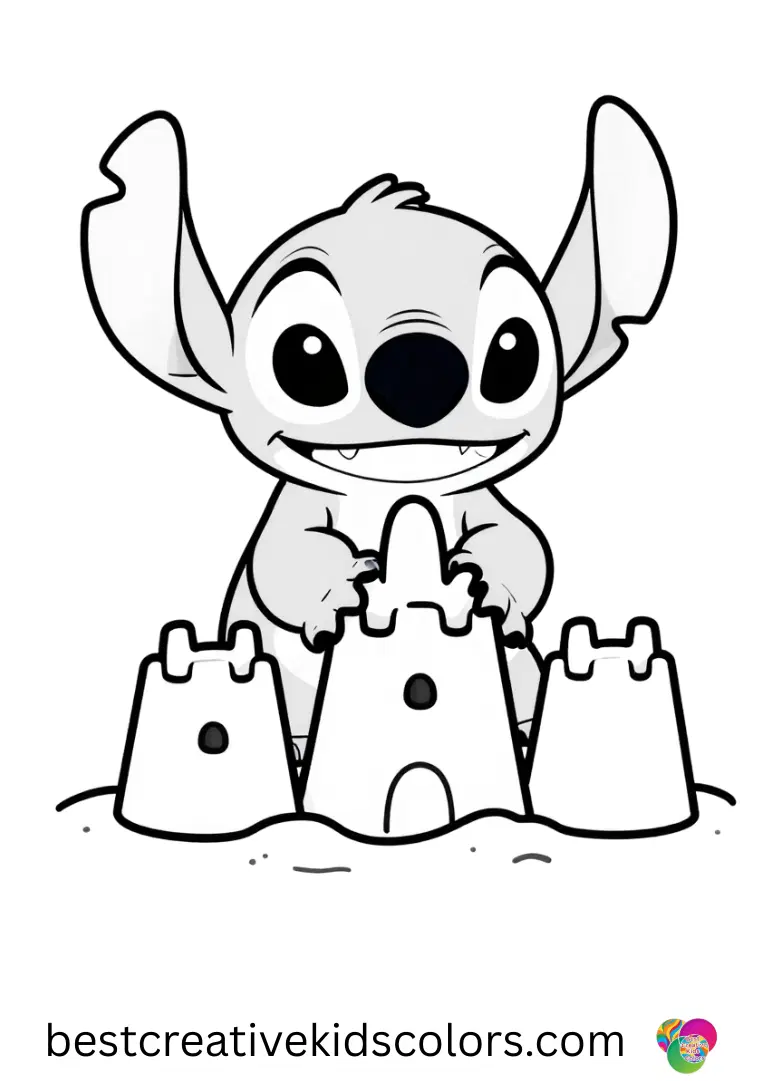 Lilo and Stitch coloring pages (free) captures them building sandcastles together.