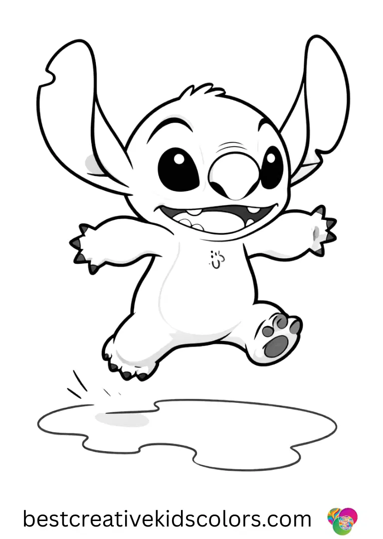 Lilo and Stitch colouring pages (free printable) shows them jumping over puddles after a gentle rain shower.