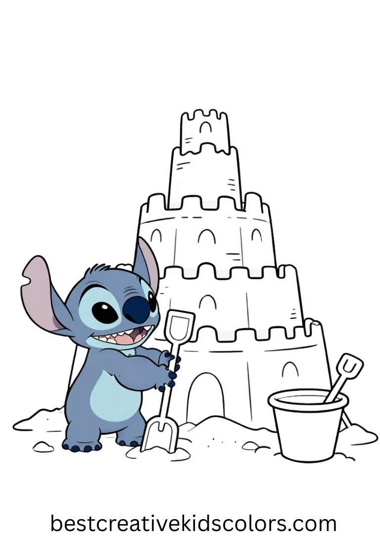 Lilo and Stitch printable coloring pages captures them building sandcastles at the beach.