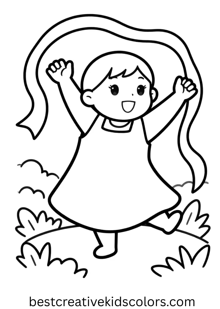Lilo coloring pages shows Lilo dancing with colorful ribbons in a garden.