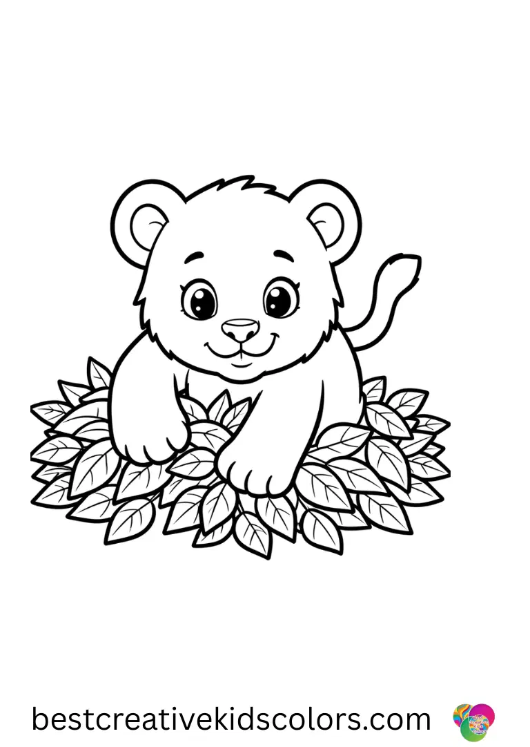 Lion Cub coloring pages printable Lion Cub coloring pages printable show a cub pawing through leaf piles to uncover hidden shapes beneath.