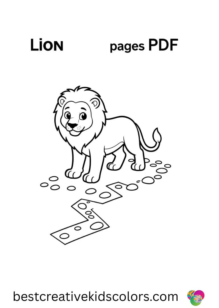 Lion colouring pages PDF Lion colouring pages PDF include a lion pacing a zigzag trail marked by scattered pebbles.