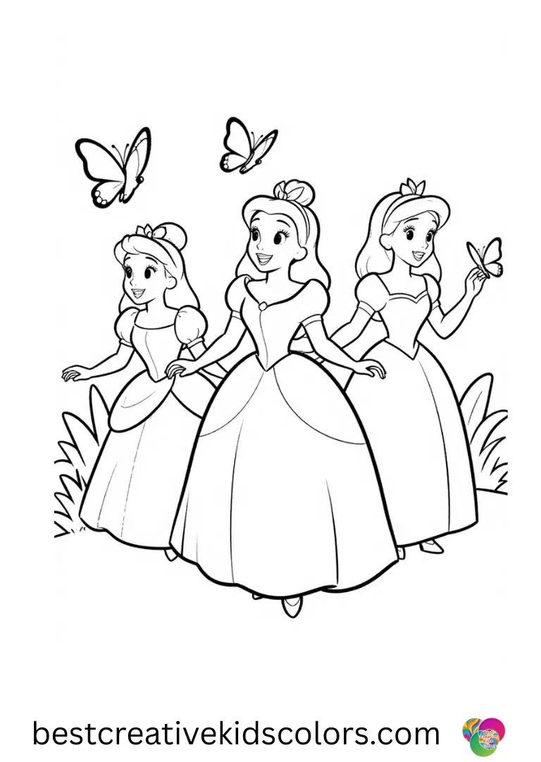 Little Disney Princess Coloring Pages Color small Disney princesses enjoying garden fun in open, cheerful designs.