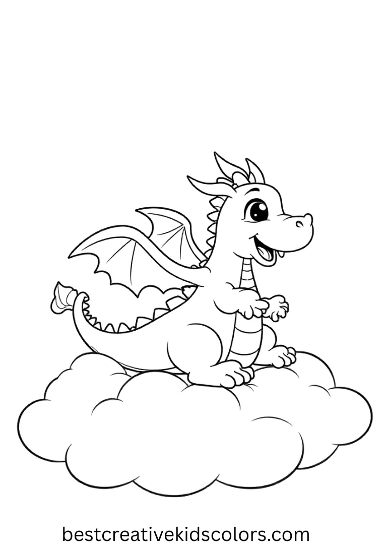 A playful dragon balancing on a soft fluffy cloud with wings outstretched.