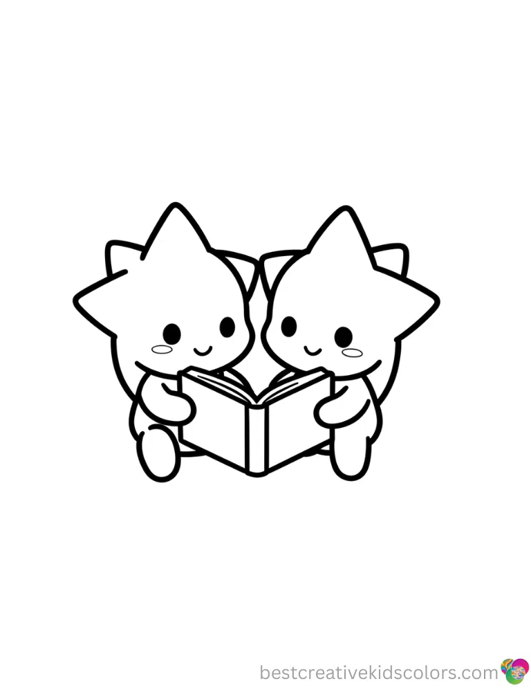 Look at Little twin stars sanrio coloring pages showing Little Twin Stars reading a book.