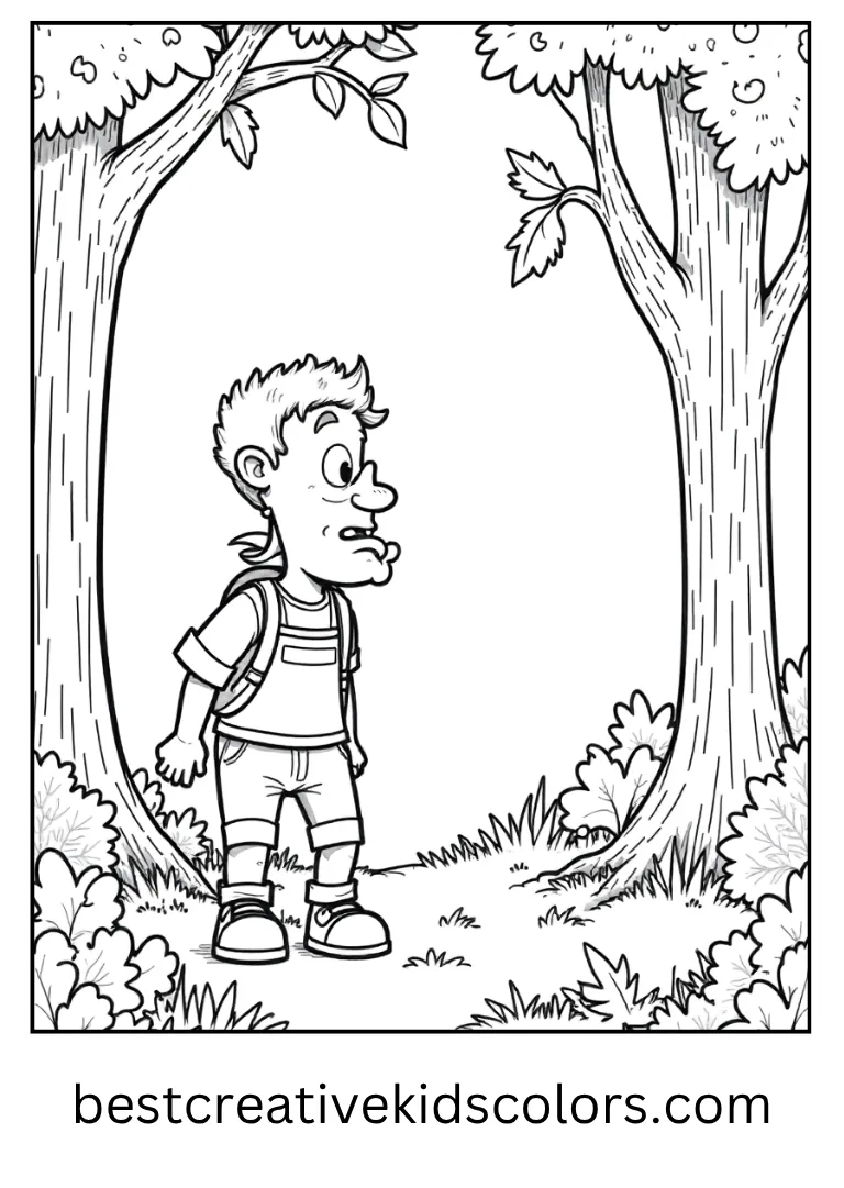 Lucas Sinclair Haunted Forest Coloring Page Lucas explores a forest full of floating leaves.