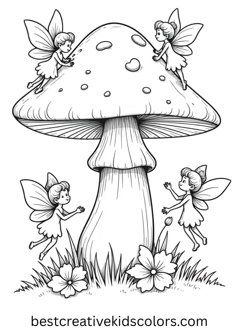 Tiny fairies hover around magic mushroom coloring page free in a bright meadow.