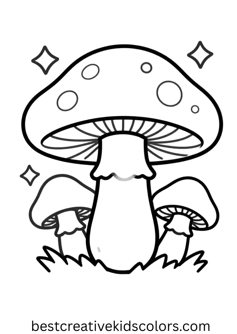 Magic mushroom coloring page printable shows glowing mushrooms with sparkling tips.