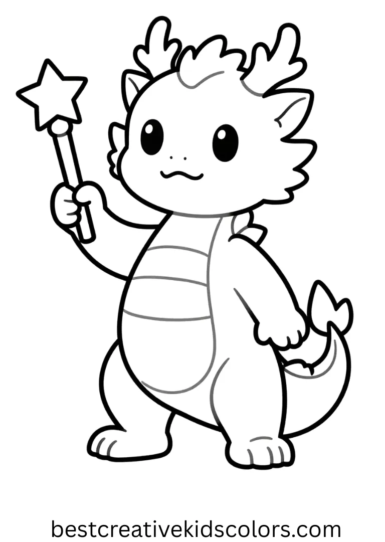 A mystical dragon casts sparkling magic with a glowing wand.