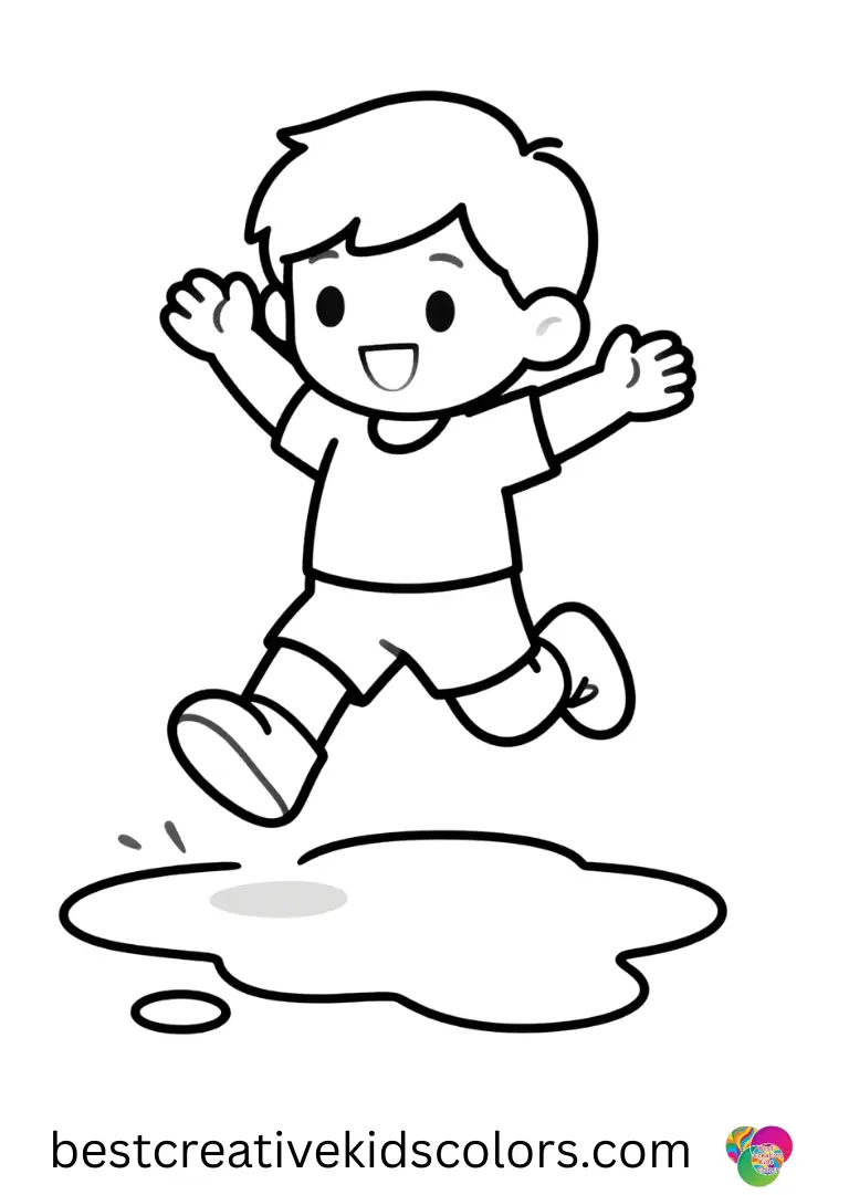 March Coloring Pages feature a small puddle reflecting clouds as a child jumps over it.