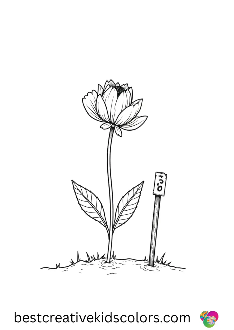 A bloom grows next to a tiny numbered stake in March blooms flower coloring page 2026.