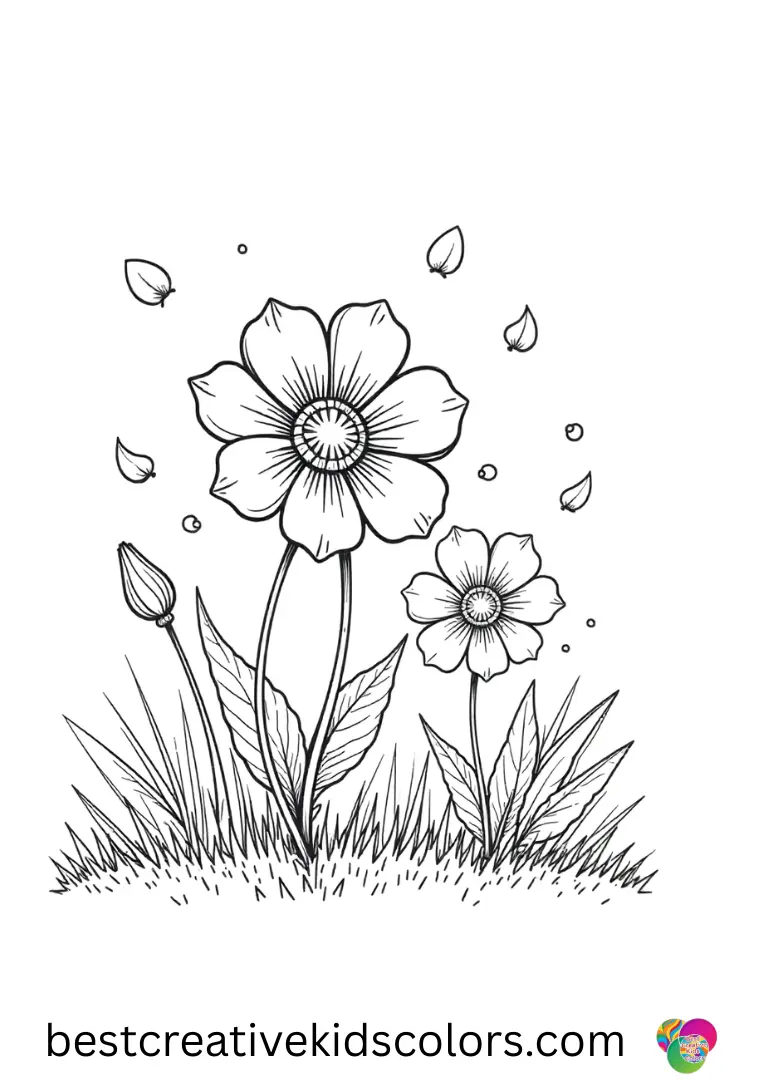 Soft petals scatter in the wind across a patch of grass in March blooms flower coloring page easy.
