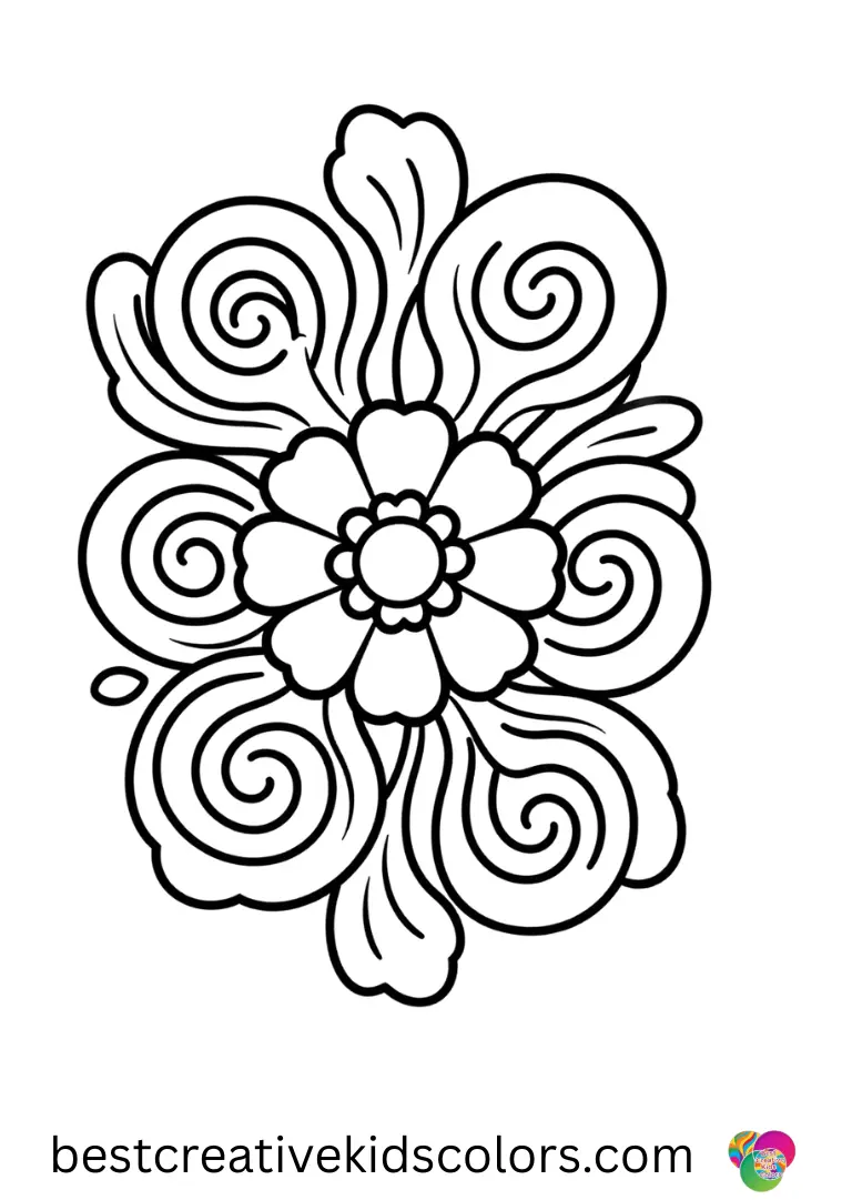 Intricate floral spirals twist around a central bloom in March blooms flower coloring page for adults.