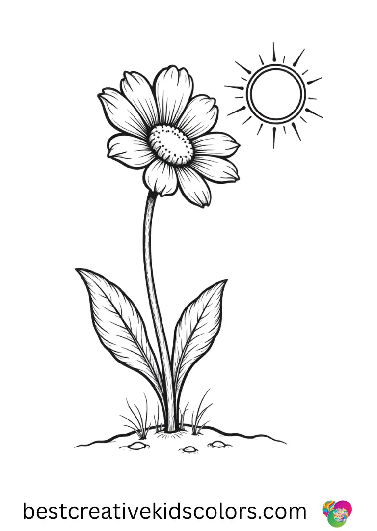 A single flower tilts toward the morning sun in March blooms flower coloring page free, surrounded by empty soil.
