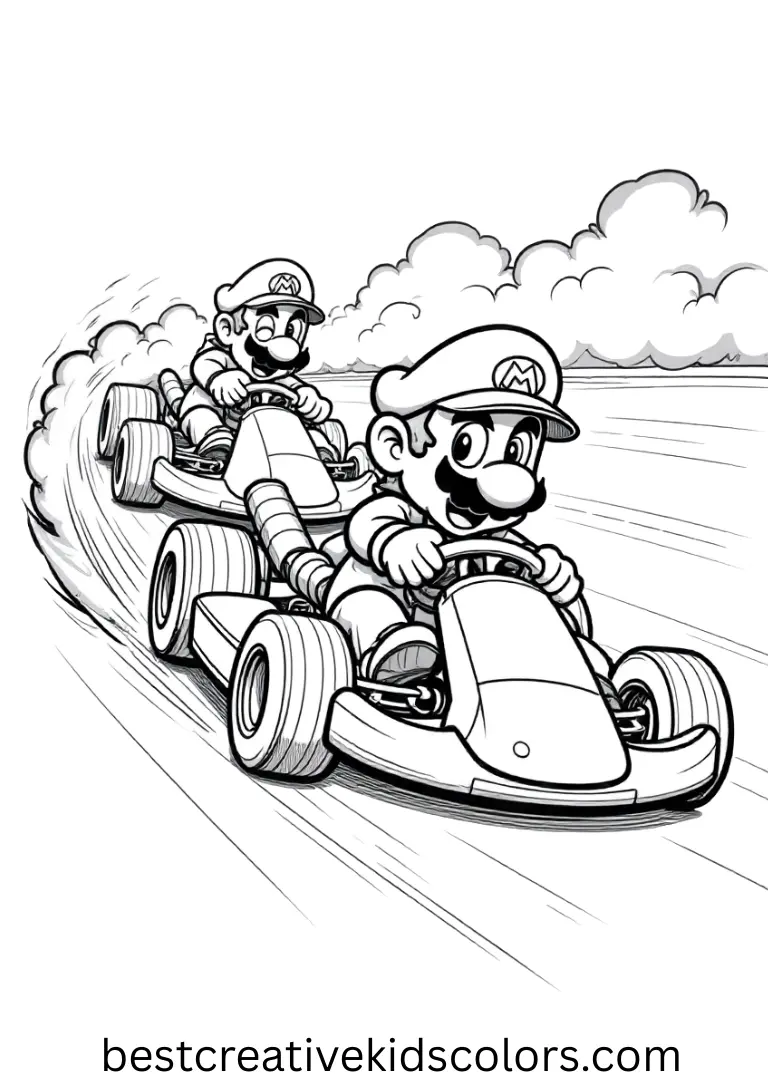 Racers sketch a sweeping curve in chalk, testing angles as wind scatters light dust around in Mario Kart Coloring Pages