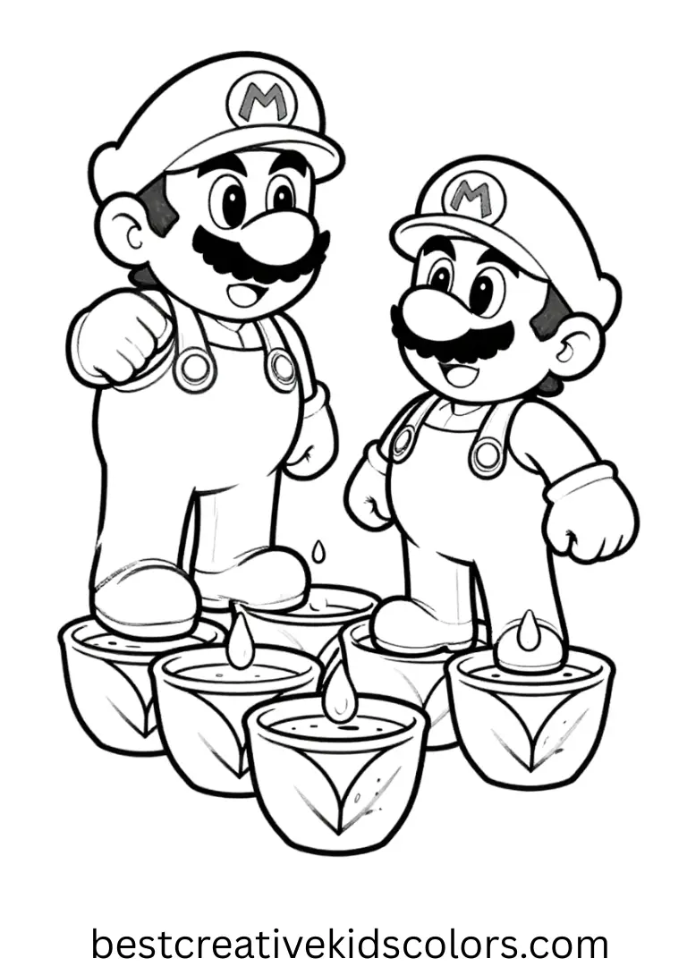 Mario and Luigi coloring pages capture the brothers timing tiny waterfall drips into a row of leaf cups