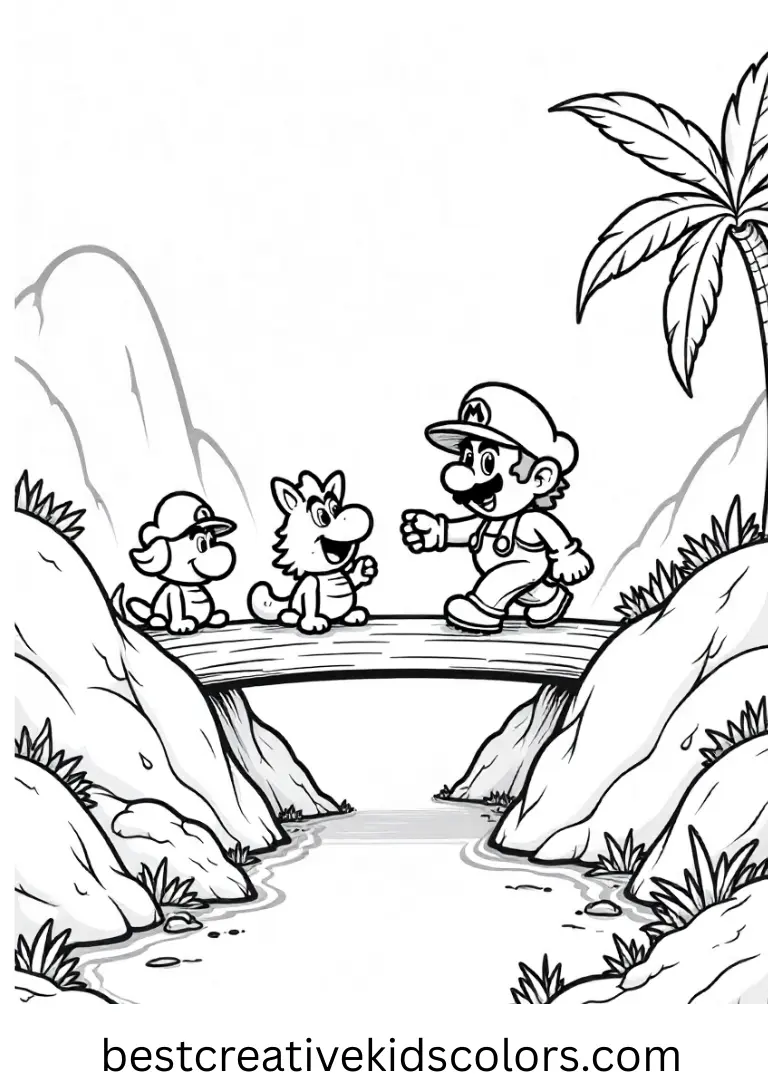 As critters rest nearby, Mario anchors a soft rope bridge between boulders framed in Mario characters coloring page free download