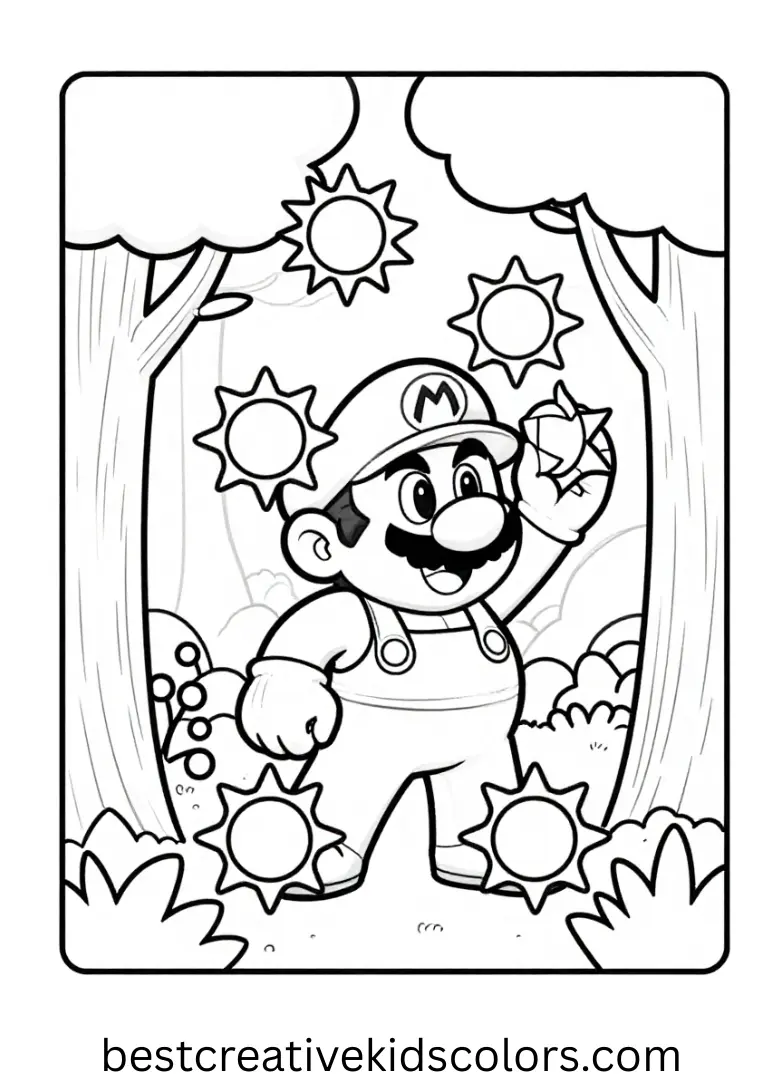 The crew arranges tiny sun mirrors to brighten a shady grove, a calm moment in Mario characters coloring page online