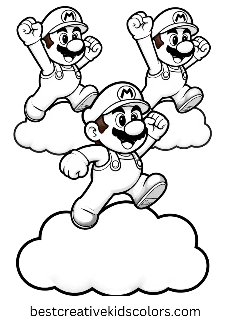 A peaceful ledge scene features the team mid-air as they hop across soft cloud pads in Mario characters coloring page pdf