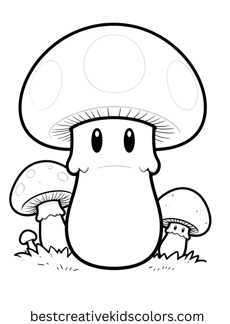 Mario mushroom coloring page for adults features detailed mushroom textures and hills.