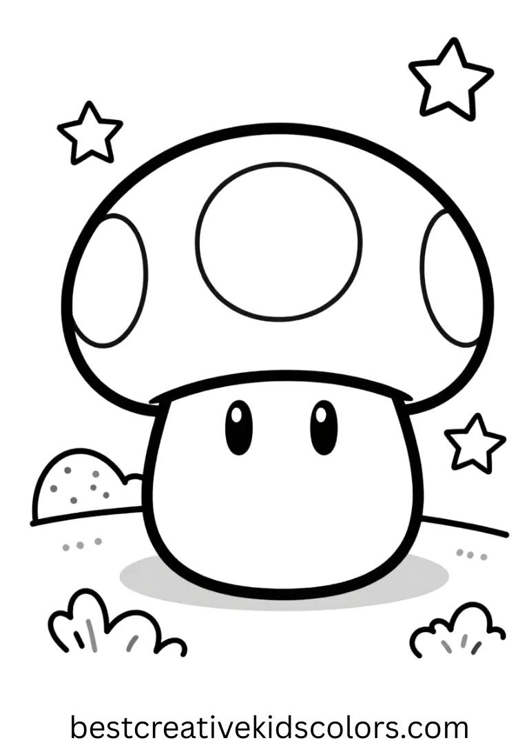 Mario mushroom coloring page pdf shows a mushroom on rolling hills with stars around.
